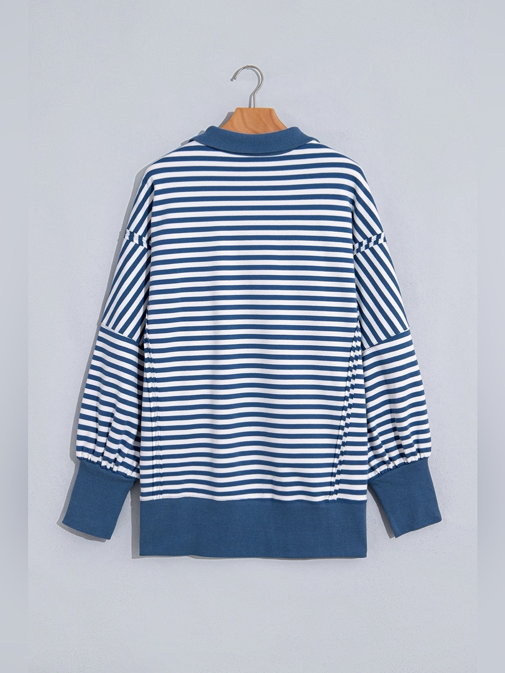 Stripe Color Block Trim Raw Seam Split Hem Loose Sweatshirt - Picture 10 of 16